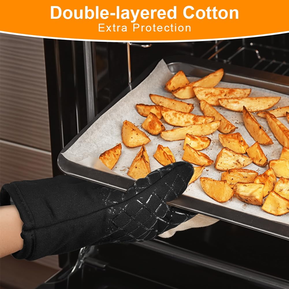 ZOUYUE Silicone Pot Holders and Oven Mitts Sets Kitchen Gloves Heat-Resistant Non-Slip for Baking Cooking Black 4 Pieces