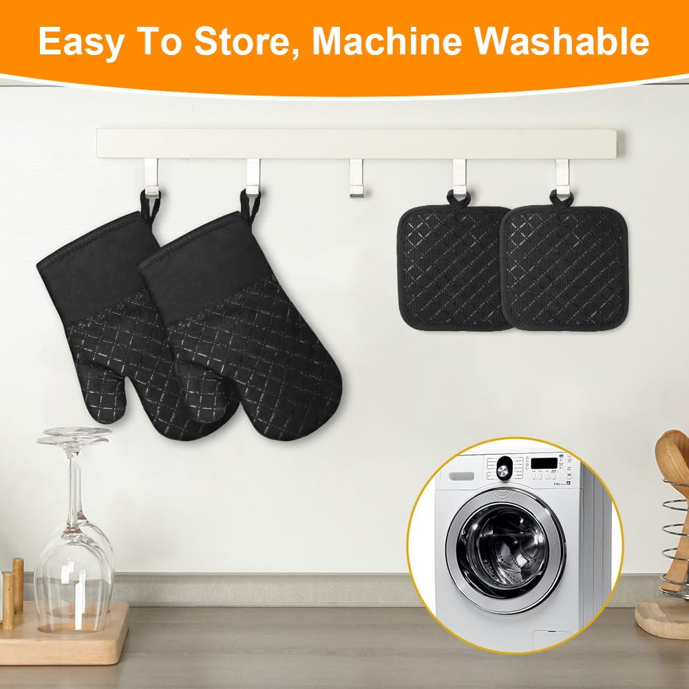 ZOUYUE Silicone Pot Holders and Oven Mitts Sets Kitchen Gloves Heat-Resistant Non-Slip for Baking Cooking Black 4 Pieces