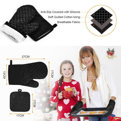 ZOUYUE Silicone Pot Holders and Oven Mitts Sets Kitchen Gloves Heat-Resistant Non-Slip for Baking Cooking Black 4 Pieces