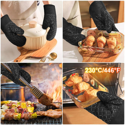 ZOUYUE Silicone Pot Holders and Oven Mitts Sets Kitchen Gloves Heat-Resistant Non-Slip for Baking Cooking Black 4 Pieces